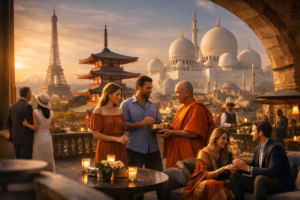 Diverse leaders in cultural dress gathering on a terrace at sunset with global landmarks