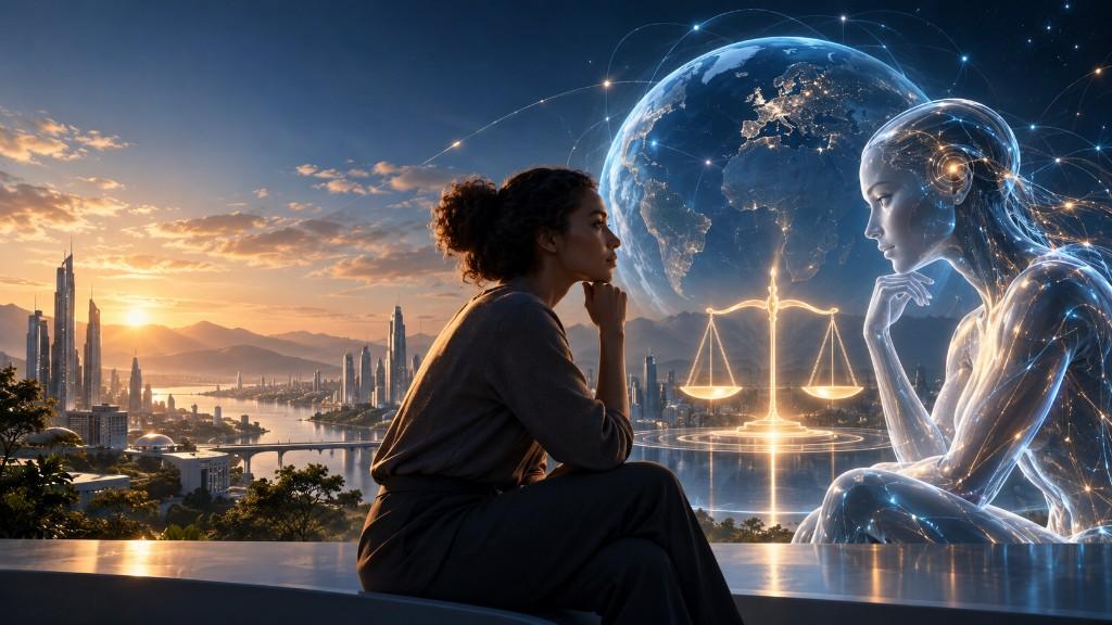 Human and AI figures in dialogue beside scales of justice over a connected world